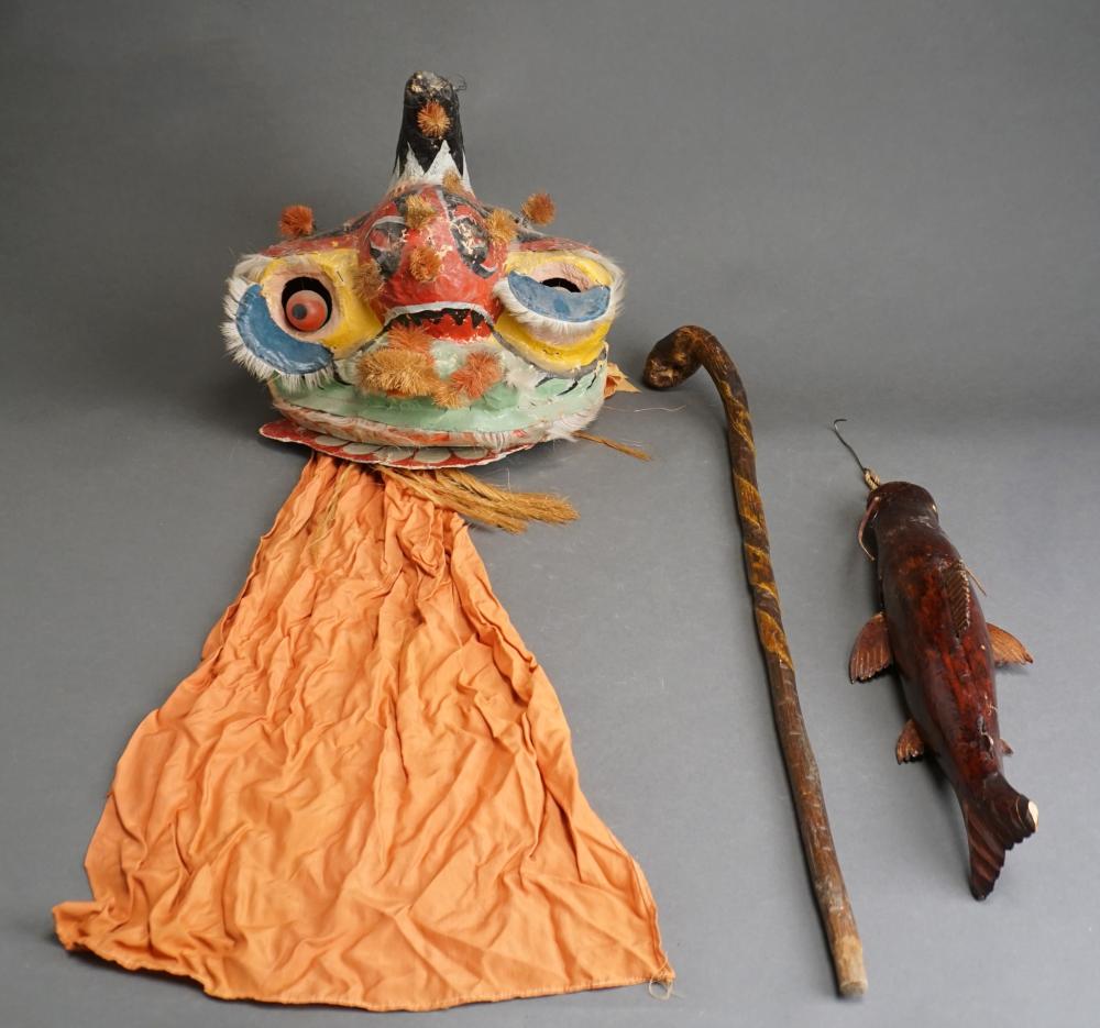 Appraisal: Southeast Asian Papier Mache Mask Carved Wood Cane and a