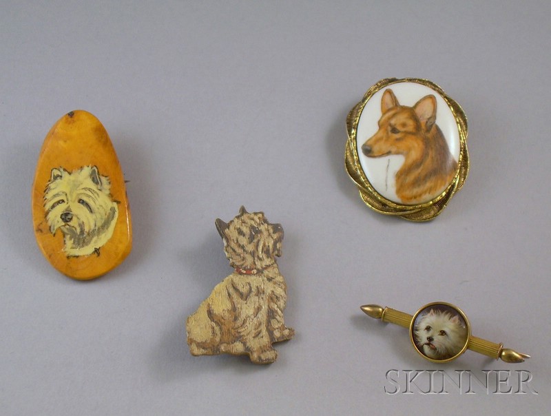 Appraisal: Four Dog Brooches including an kt gold and hand-painted enamel