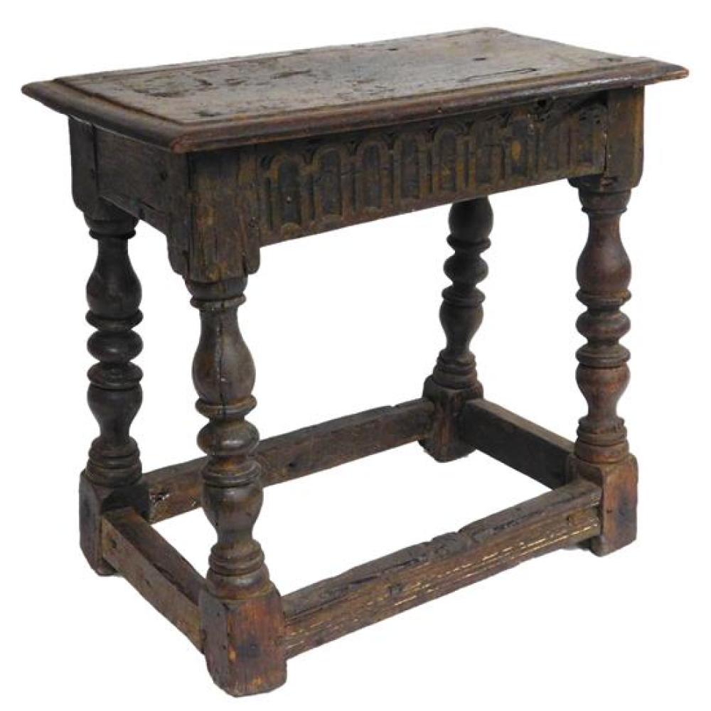 Appraisal: Early joint stool Jacobean form oak incised geometric decoration to