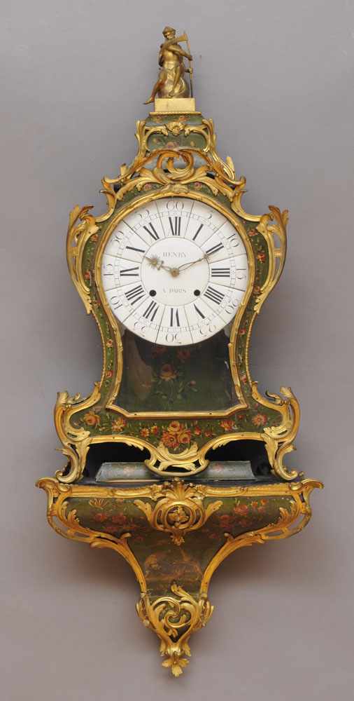 Appraisal: LOUIS XV STYLE GILT-BRONZE MOUNTED GREEN LACQUER BRACKET CLOCK The