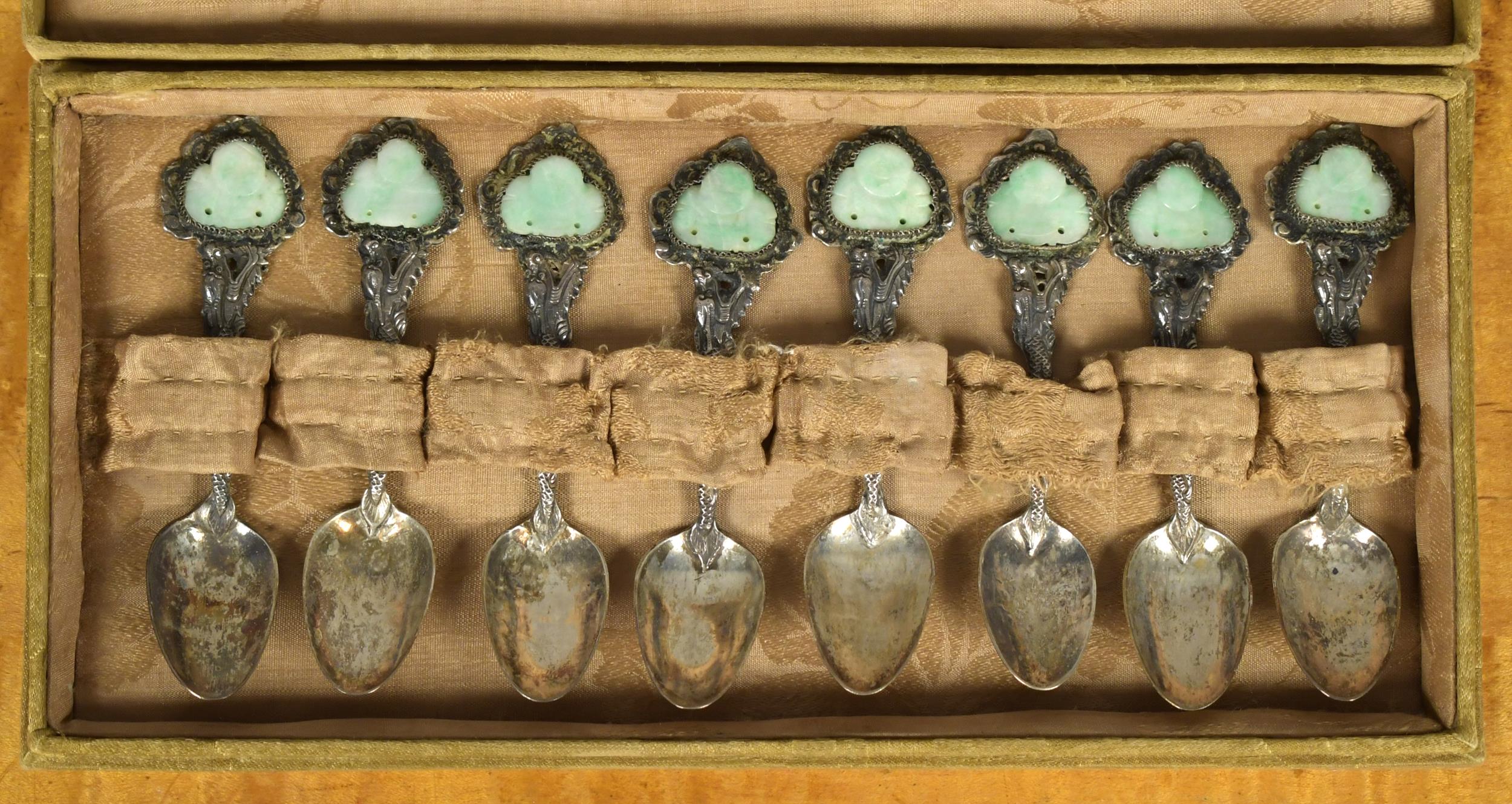 Appraisal: CHINESE EXPORT SILVER AND JADE SPOONS A set of eight