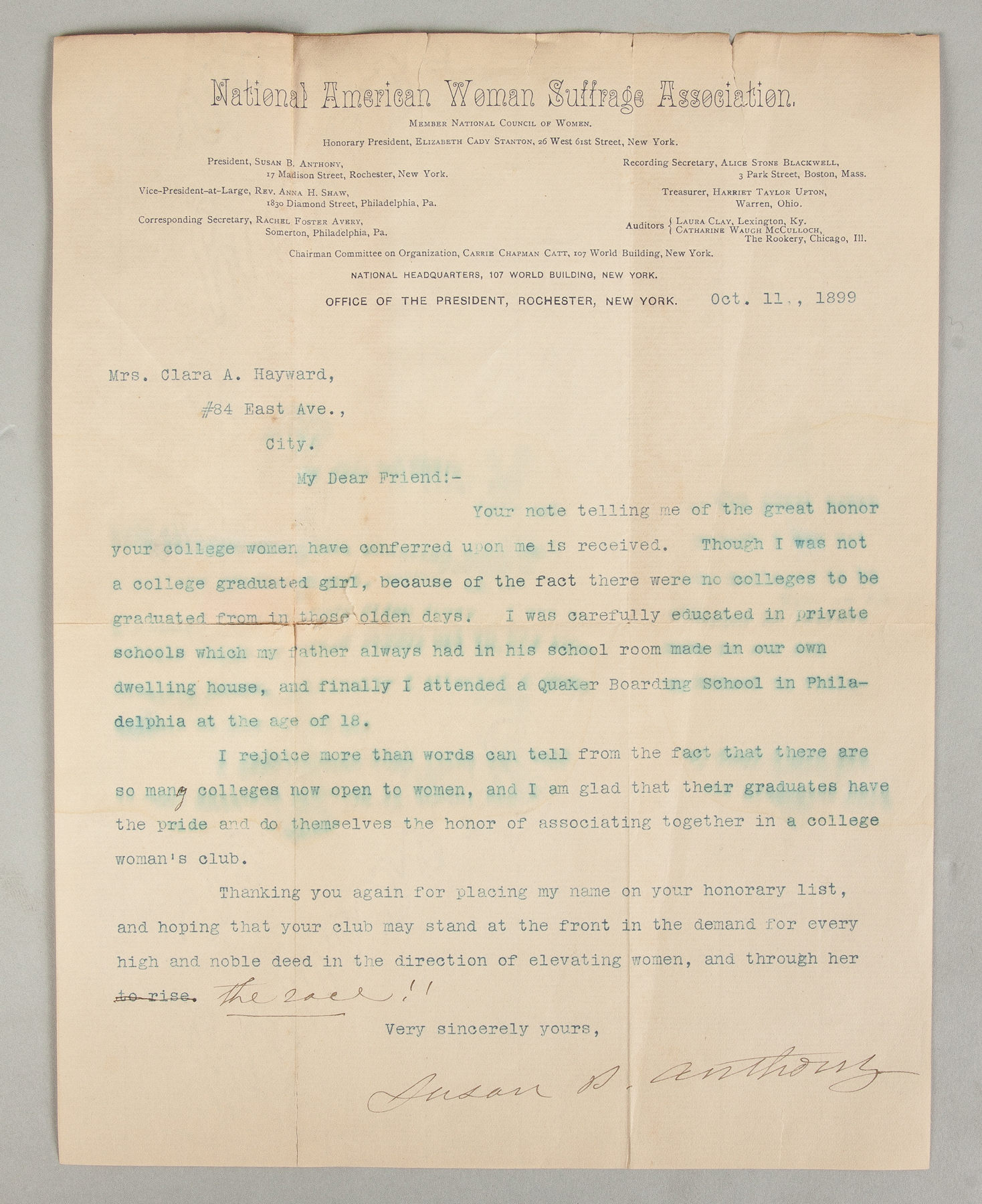 Appraisal: Susan B Anthony Letter National American Woman Suffrage Association Dated