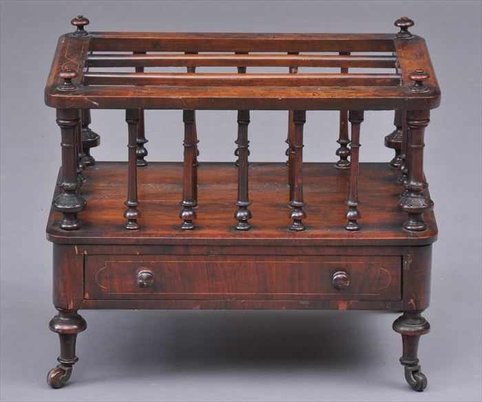 Appraisal: VICTORIAN INLAID WALNUT THREE-DIVISION CANTERBURY The line-inlaid top with spindle