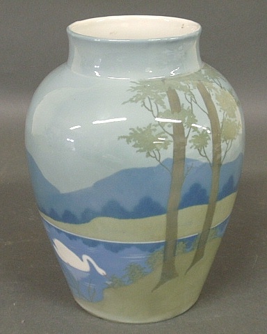 Appraisal: - Large German porcelain vase with swan lake and evergreen