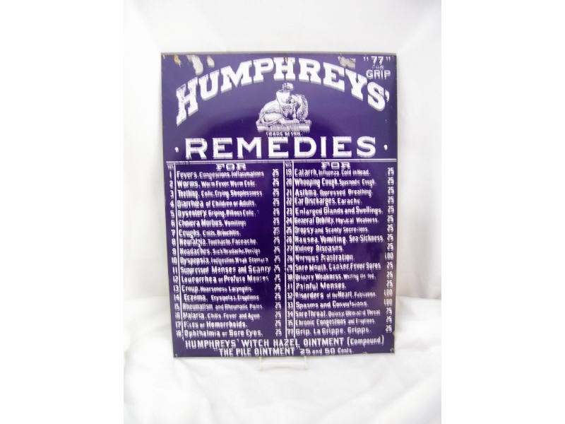 Appraisal: Humphrey's Remedies Tin Advertising Sign Tin advertisng sign Grip Listing