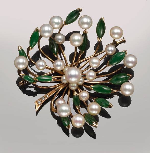 Appraisal: A jadite jade cultured pearl and k gold brooch pearls