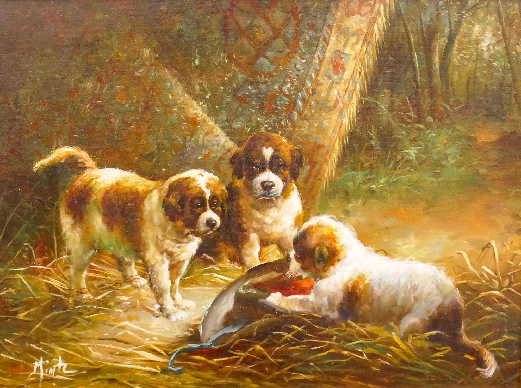 Appraisal: Mintz Dog Family Oil Painting Framed- x ''