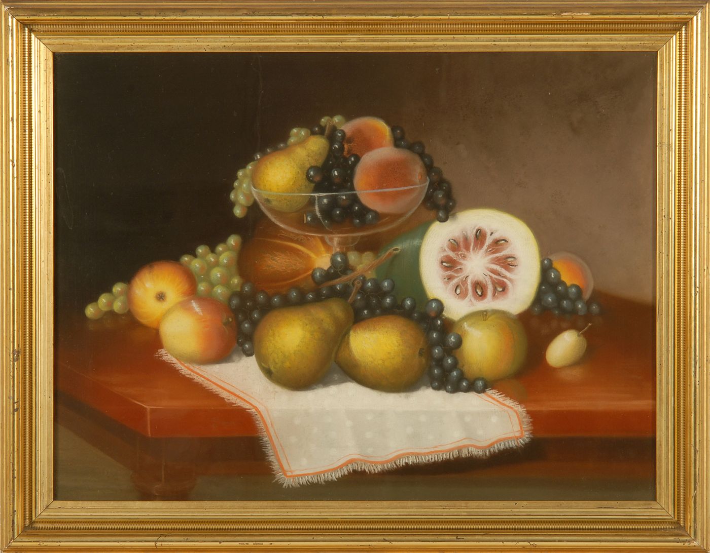 Appraisal: FRAMED PASTEL Mid- th CenturyTabletop still life with fruit in