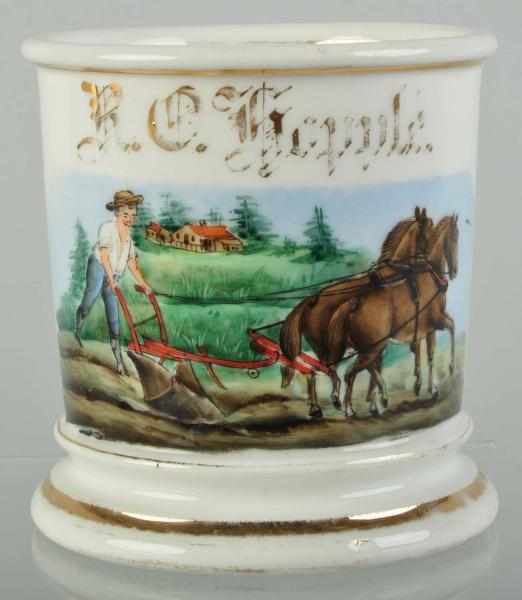 Appraisal: Farmer with Horse-Drawn Plow Shaving Mug Description Gilt name R