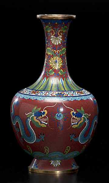 Appraisal: Cloisonn Dragon Vase China A cloisonn vase bolted for a