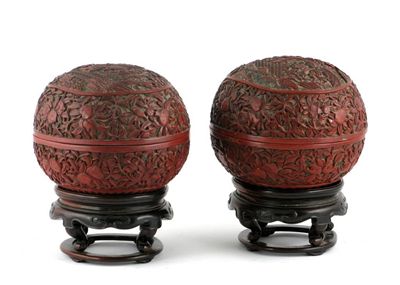 Appraisal: A pair of Chinese lacquer peach-shaped boxes both carved with