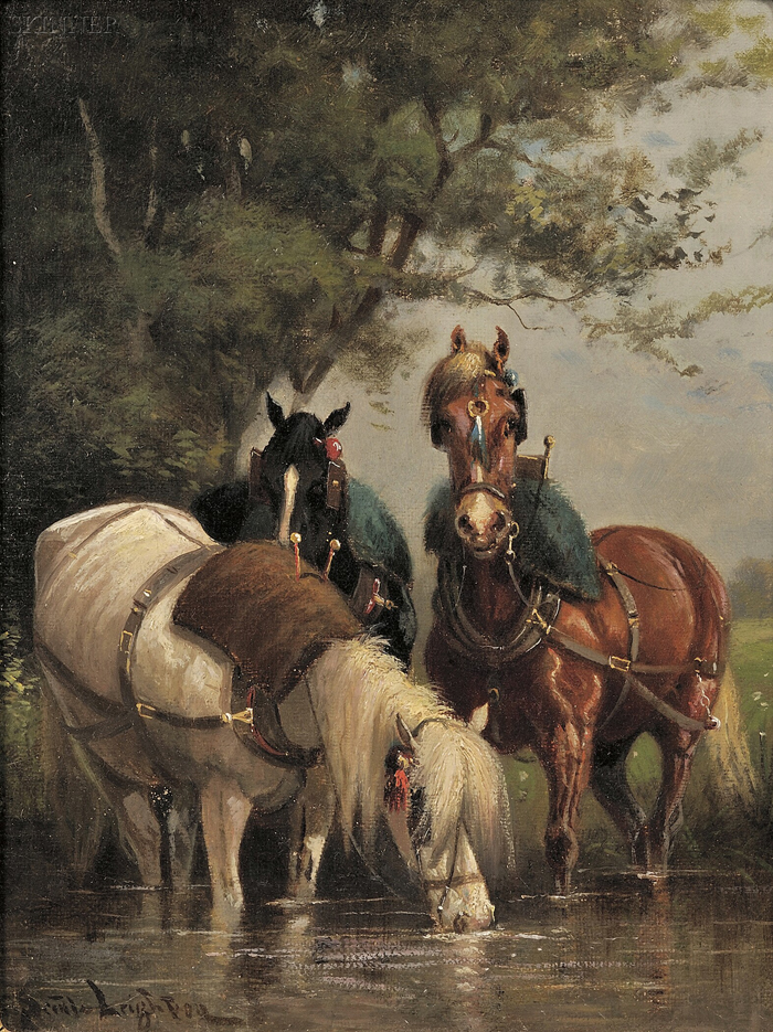 Appraisal: Scott Leighton American - Three Cart Horses Watering at a