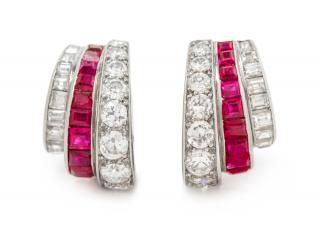 Appraisal: A Pair of Platinum Ruby and Diamond Hoop Earclips French