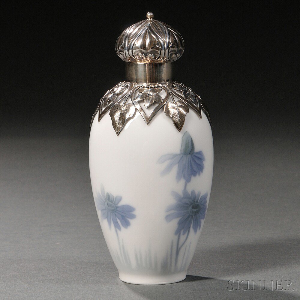 Appraisal: Royal Copenhagen Sterling Silver-mounted Porcelain Bottle Denmark c decorated with