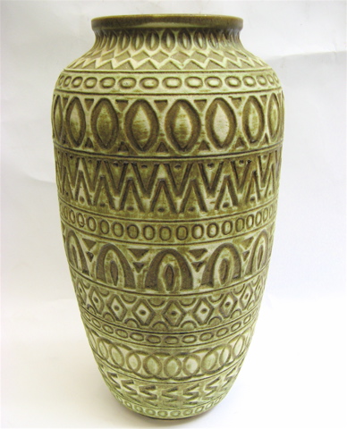 Appraisal: GERMAN POTTERY FLOOR VASE moss green matte glaze tint on