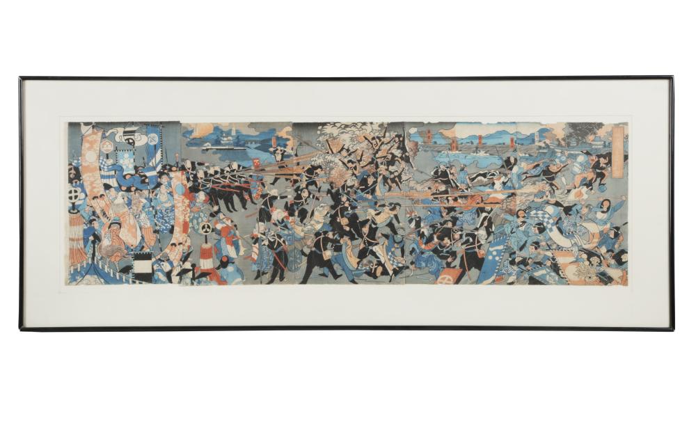 Appraisal: JAPANESE WOODBLOCK PRINTdepicting a continuous battle scene printed on five