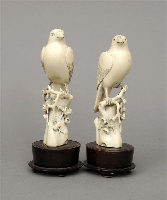 Appraisal: Pair of Chinese Carved Ivory Bird Figures Mounted on stands