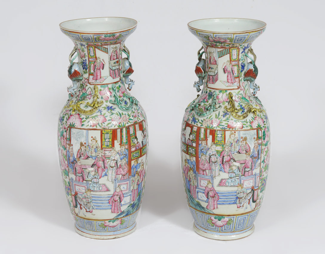 Appraisal: PAIR OF CHINESE ROSE FAMILLE VASES WITH APPLIED DRAGONS Interior