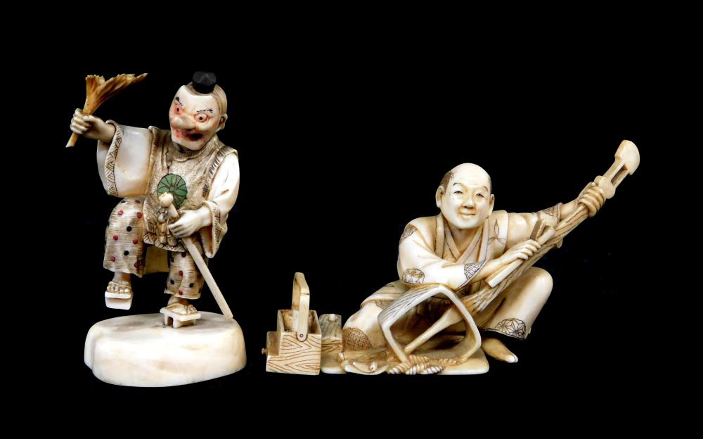 Appraisal: ASIAN Two carved ivory figures Japanese th th C one