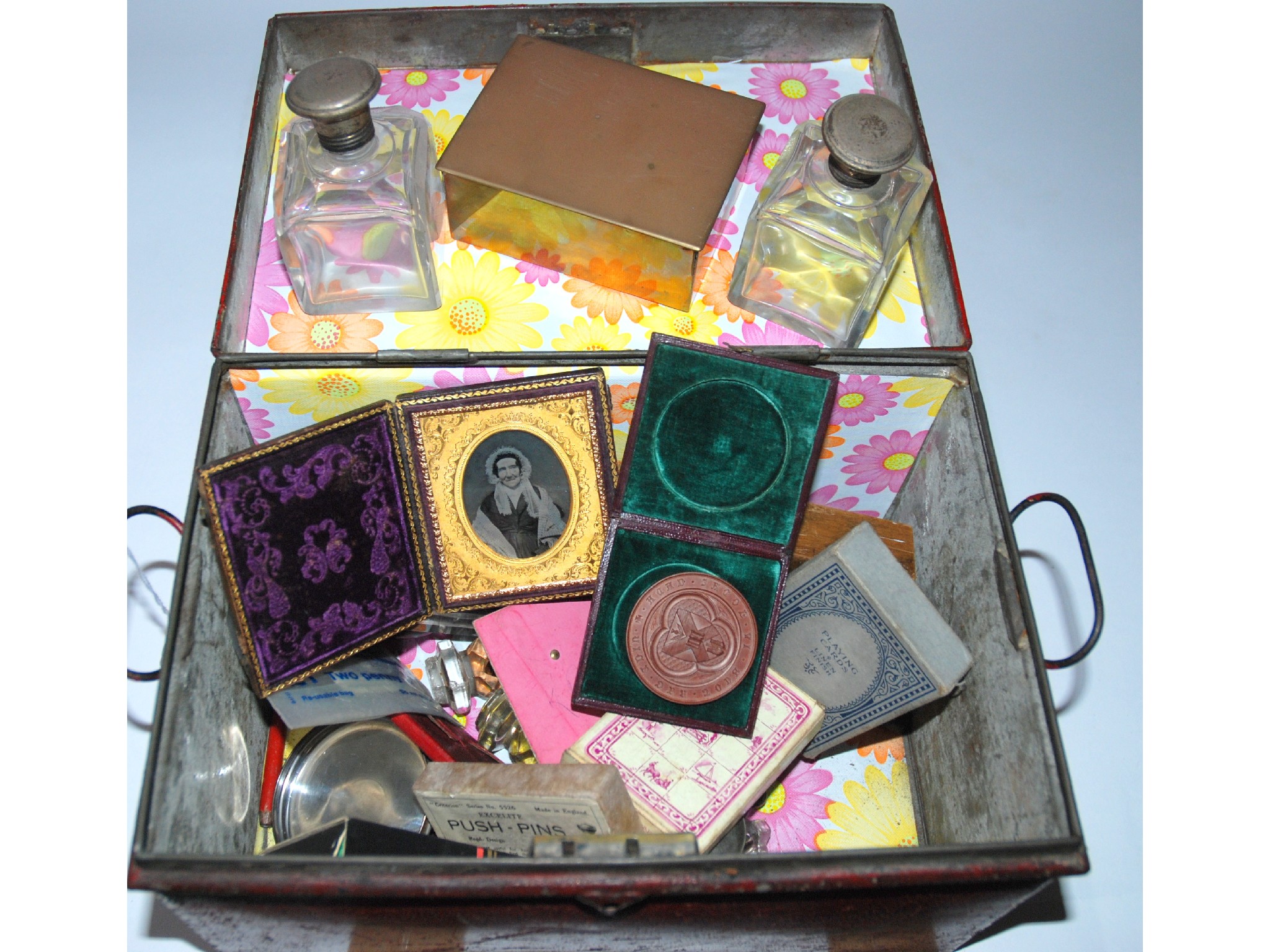 Appraisal: A box of miscellania including scent bottles compass compact etc