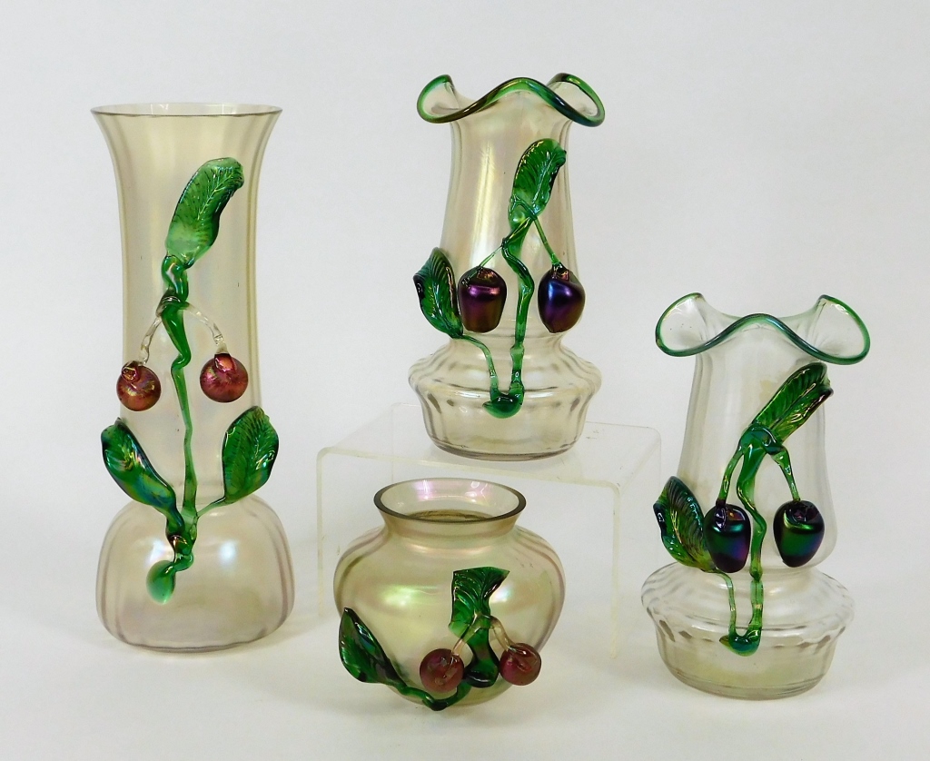 Appraisal: PC KRALIK APPLIED FRUITS BOHEMIAN ART GLASS VASES Bohemia th