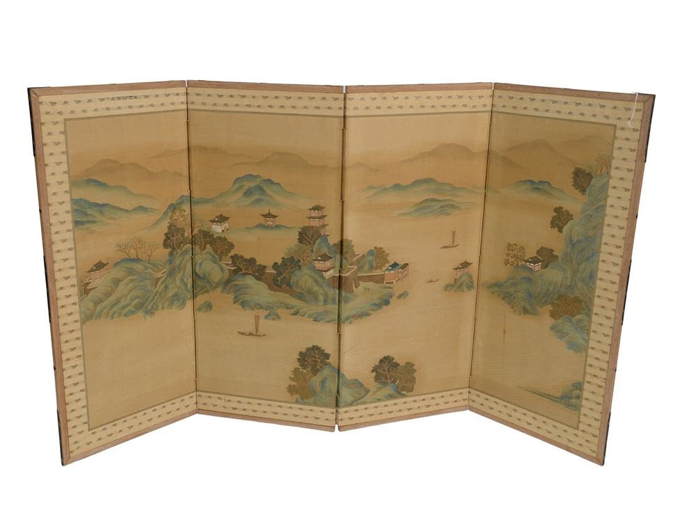 Appraisal: Chinese Four Panel Silk Screen with hand-painted landscapes mounted in