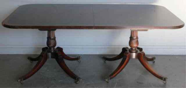 Appraisal: Mahogany Banded Twin Pedestal Dining Table Possibly Schmieg and Kotzian