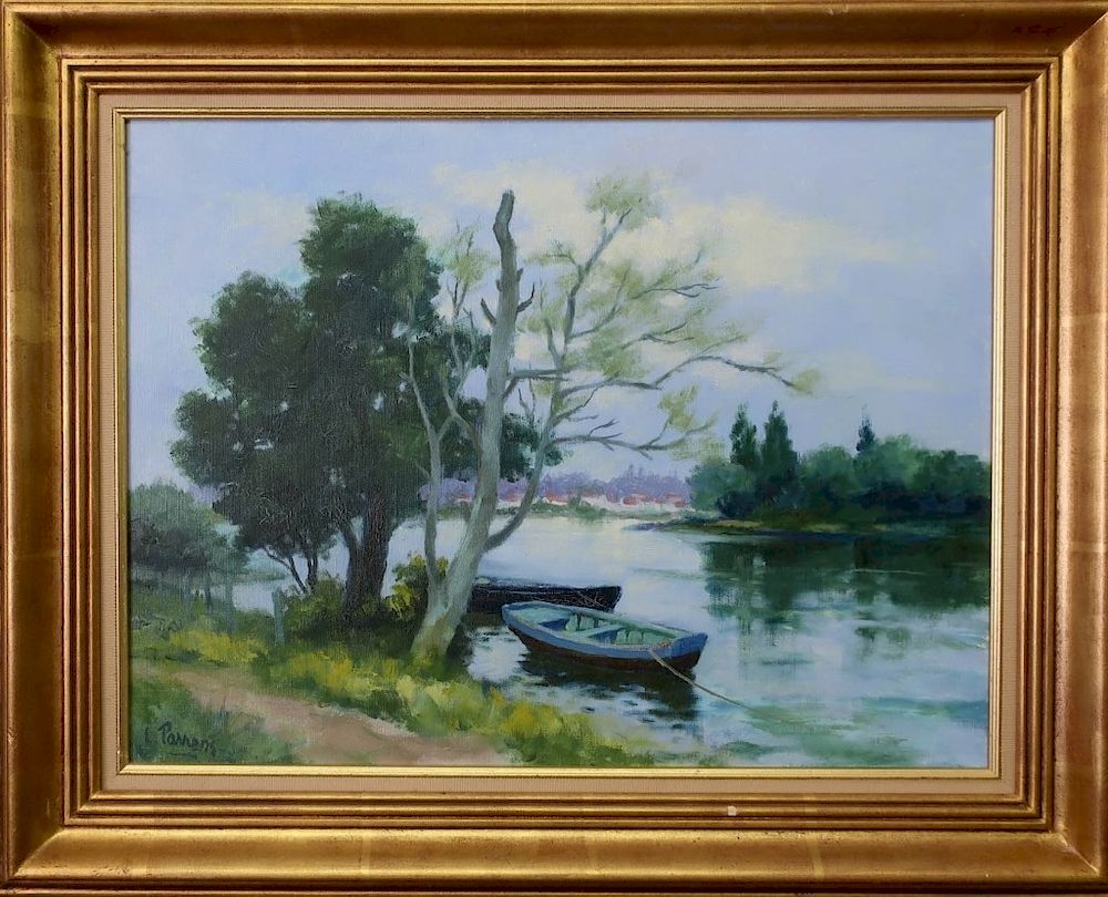 Appraisal: Louis Parrens Oil on Canvas of Rowboats on Water Louis