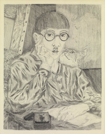 Appraisal: TSUGUHARU FOUJITA Self Portrait with Cat Etching x mm x