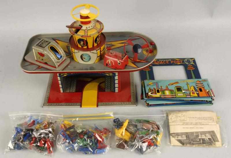 Appraisal: Superior Space Port Play Set Description Colorful tin litho buildings