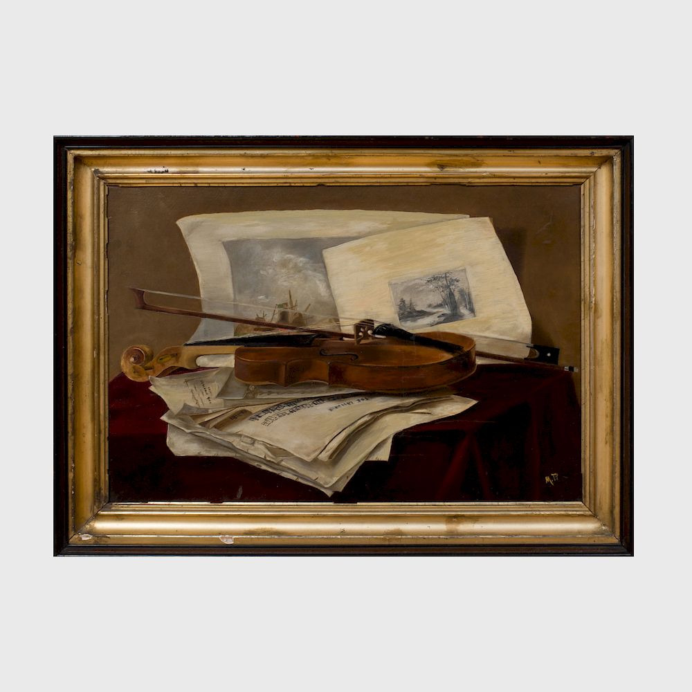 Appraisal: European School Trompe L'oeil Still Life with Violin Oil on