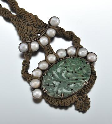 Appraisal: A Vintage Macrame Necklace with Carved Aventurine and Pearls Carved