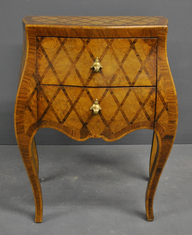 Appraisal: - French marquetry inlaid two drawer chest th c h