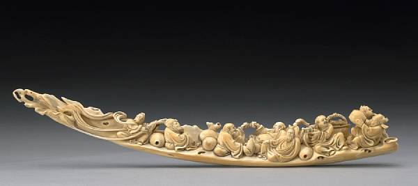 Appraisal: A tinted ivory tusk carving th Century Depicting each of