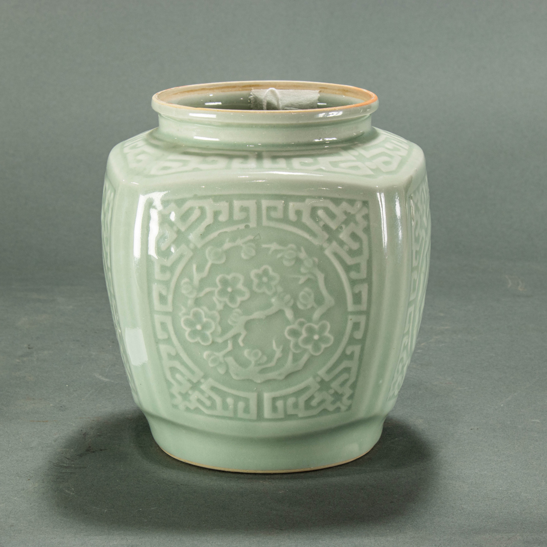 Appraisal: CELADON GLAZED VASE Celadon glazed vase of rounded square form