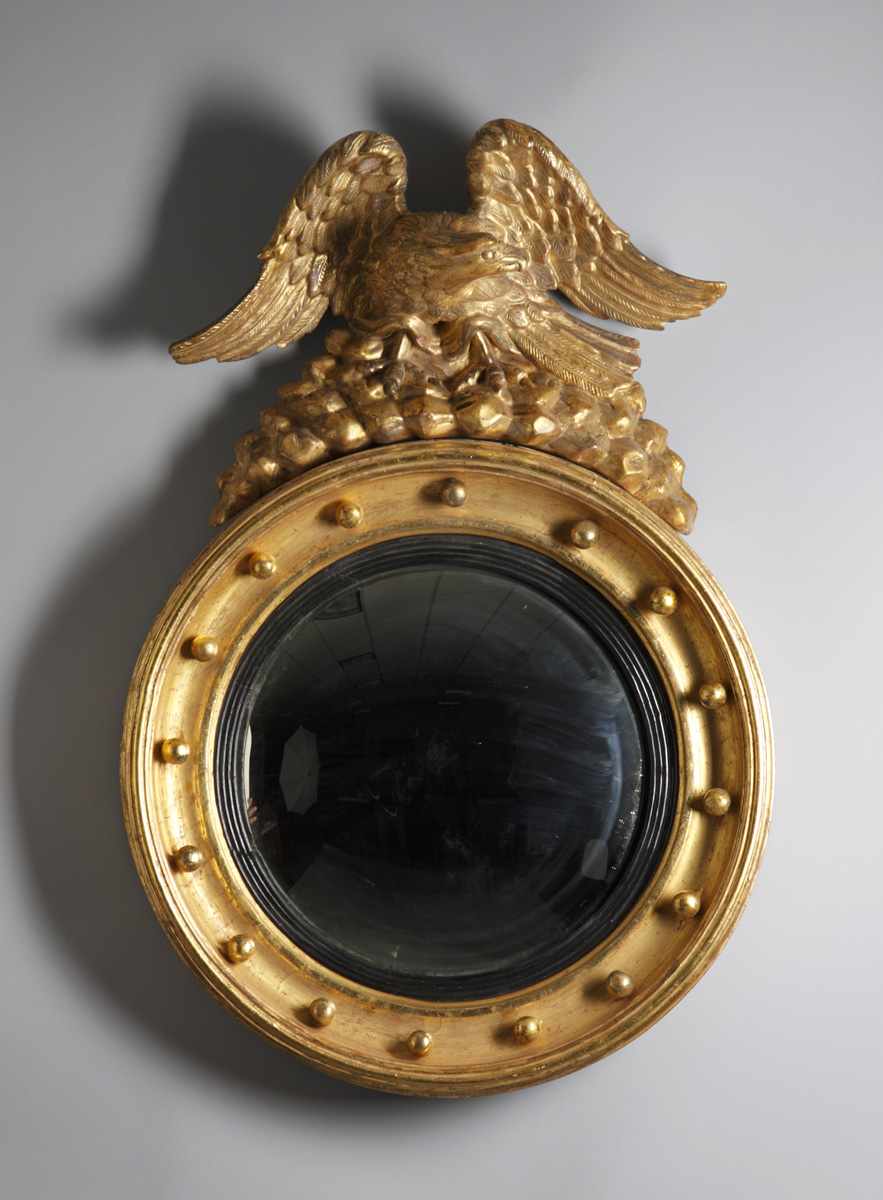 Appraisal: Early th Cent Federal Giltwood Convex Mirror w Eagle Old