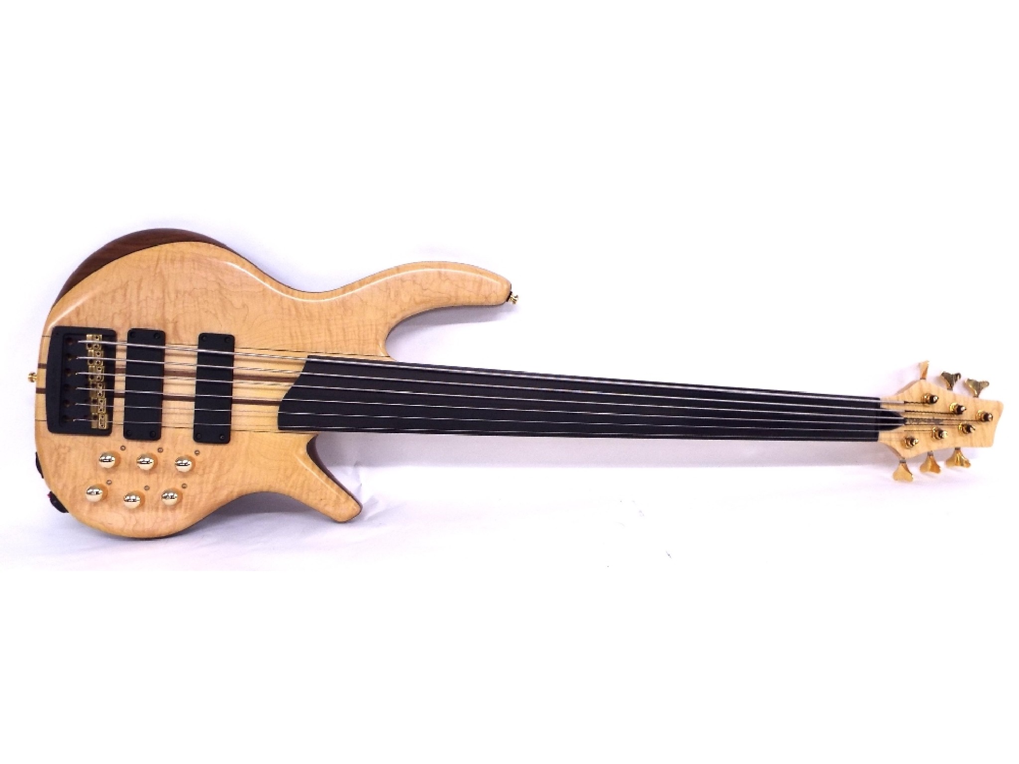 Appraisal: Overwater Progress Elite six string fretless bass guitar natural two-tone