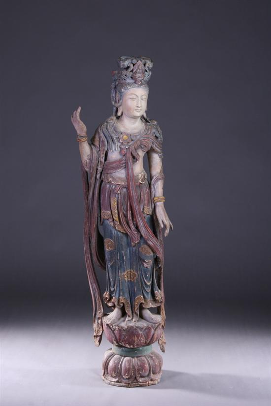 Appraisal: CHINESE POLYCHROME WOOD FIGURE OF GUANYIN th century Standing wearing