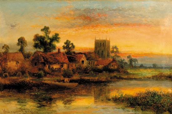 Appraisal: William Langley British - SUNSET OVER COTTAGES oil on canvas