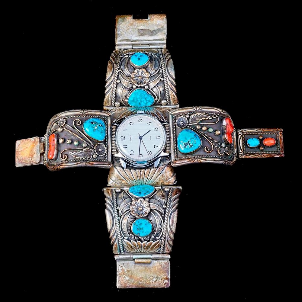 Appraisal: NAVAJO WATCH BANDS Two Vintage old pawn Southwest turquoise silver