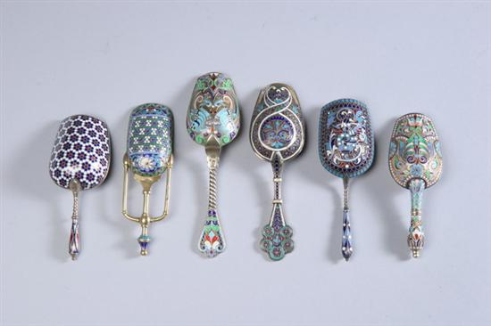 Appraisal: SIX RUSSIAN SILVER-GILT AND ENAMEL SHOVEL-BOWL TEA CADDY SPOONS th-early