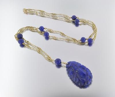 Appraisal: A Carved Lapis and Gold Necklace k yellow gold chain