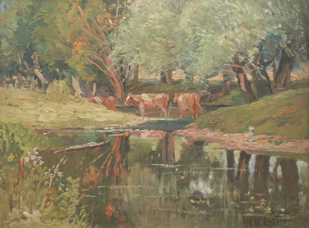 Appraisal: RASCHEN Carl American - Landscape With Cows Crossing Stream OIL