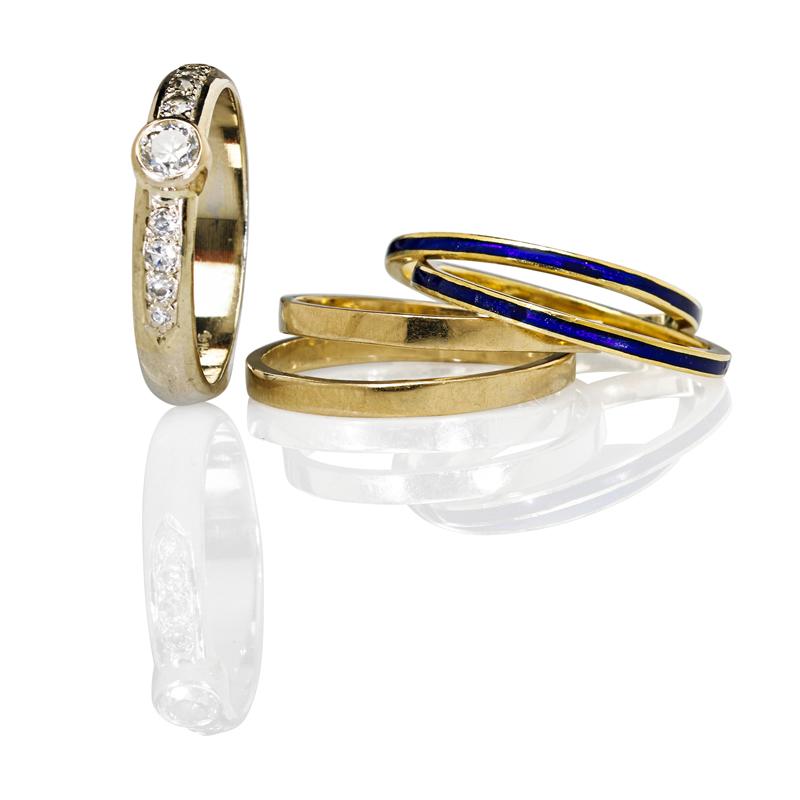 Appraisal: FIVE GOLD STACKING RINGS INCLUDES DIAMONDS RBC diamond approx ct