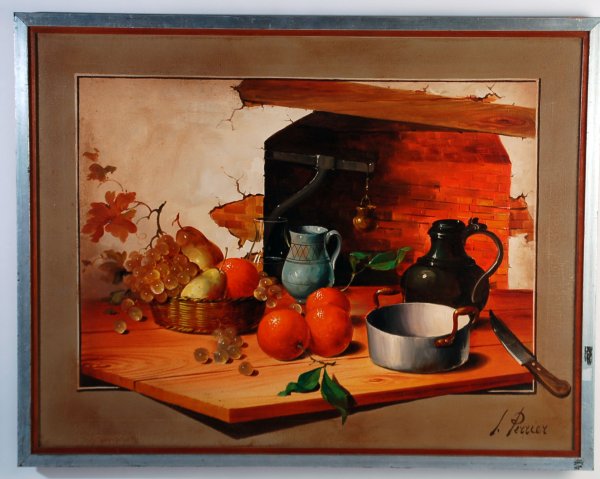 Appraisal: Oil on canvas still life of fruit and cooking implements