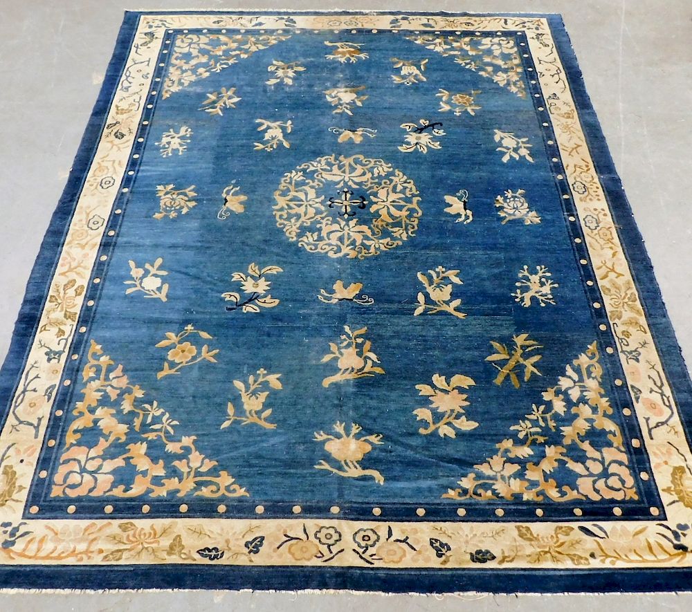 Appraisal: Antique Chinese Blue Pictorial Silk Carpet Rug Chinese - Central