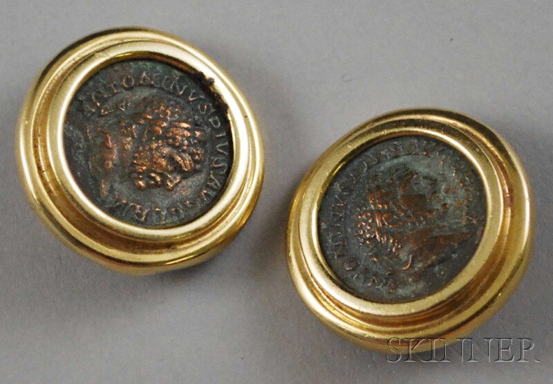 Appraisal: Pair of kt Gold-framed Antique Coin Earrings total dwt dia