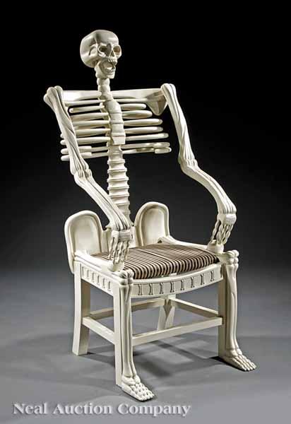 Appraisal: A White Painted Memento Mori Armchair the seated human skeleton