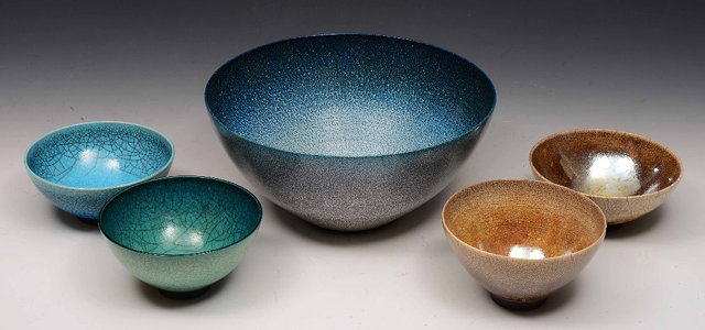 Appraisal: Peter Sparrey British Five Bowls clear and turquoise raku glazed