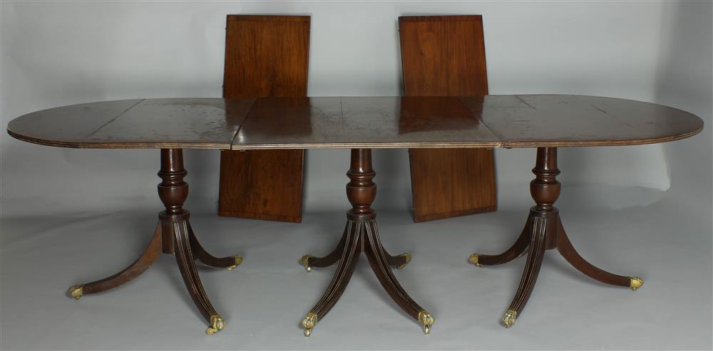 Appraisal: ENGLISH REGENCY INLAID MAHOGANY TRIPLE PEDESTAL DINING TABLE th Century